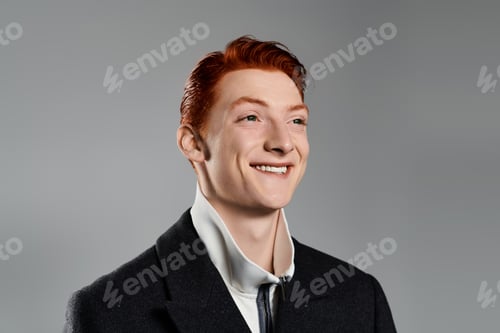 Preview: Handsome young man with red hair models stylish winter coat against a soft grey backdrop