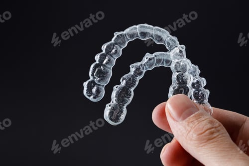 Preview: Hand holding two transparent retainers on black background. Invisalign orthodontics concept