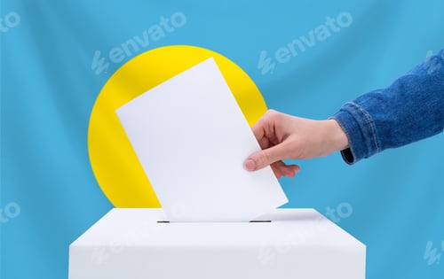 Preview: Elections, Palau.Voting concept.A hand throws a ballot into the ballot box.Palau flag on background.