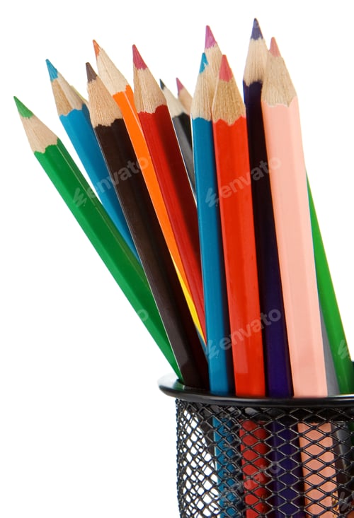 Preview: holder basket full of pencils isolated on white