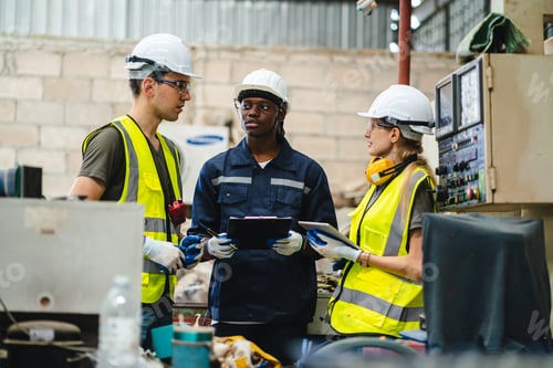 Preview: Robotic technician, Factory engineer inspecting machine with smart tablet, robot arm remote system