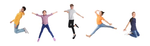 Preview: Different kids jumping on white background, collage with photos