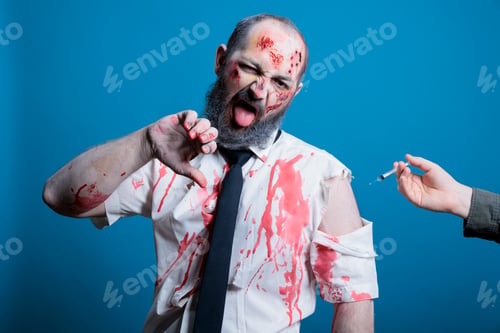 Preview: Person transforms in undead creature, showing disapproving gesture, studio shot