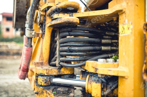 Preview: hidraulic flexible pressure pipes and tubes. Close-up of industrial bulldozer with oil leaks