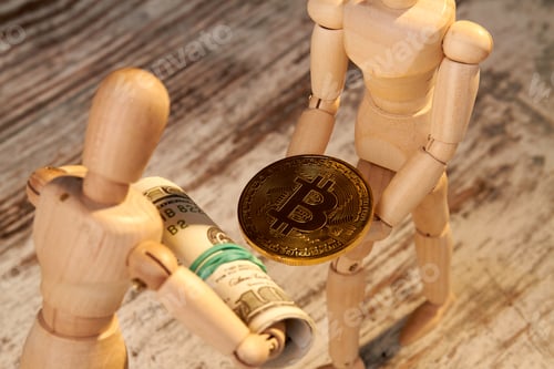 Preview: Wooden mannequin giving bunch of dollars in exchange for bitcoin.