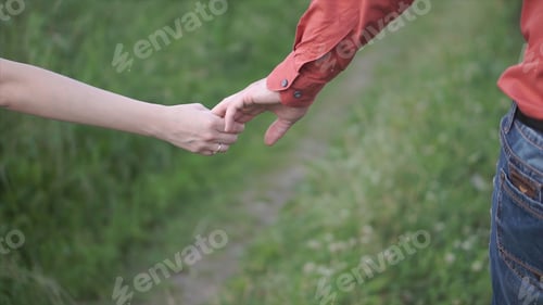 Preview: Beautiful couple walking on the nature. Clip. Rear view of couple walking in forest holding hands