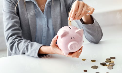 Preview: Economy during quarantine. Business woman with piggy bank