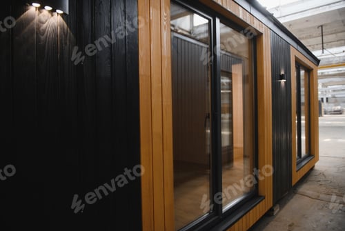 Preview: A new wooden modular prefabricated house inside in manufacturing facility