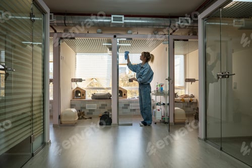 Preview: Woman tidy up cat accommodations in cat hotel. Female wipe glass door from paw marks in pet lodge