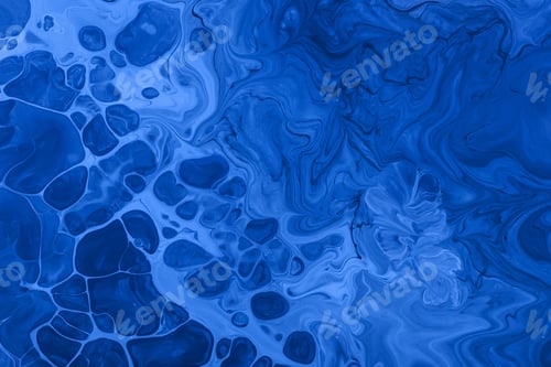Preview: Acrylic Fluid Art. Blue sapphire waves and spot drops. Abstract aqua background or texture