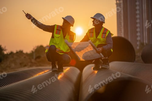Preview: Construction surveyor or engineer working in pipe construction site