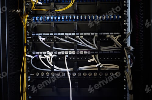 Preview: Cables, wires or server room maintenance in engineering, software programming or cybersecurity IT.