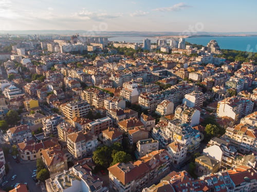 Preview: aerial view of the beautiful city of Burgas at sunset, Bulgaria