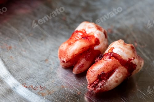 Preview: Freshly extracted molar wisdom teeth with blood stain with focus on roots, placed on stainless stell