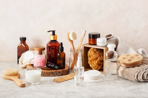 Visualização: conceito de banheiro de higiene ecológica sem desperdício. Escova de dentes de madeira, escova de sabonete, cosmética