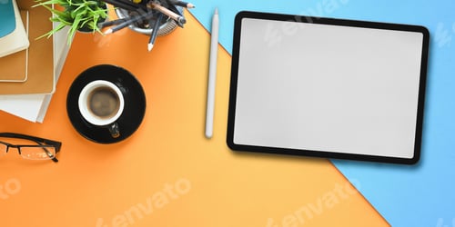Preview: Top view image of white blank screen computer tablet with stylus pen.