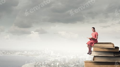 Preview: Young Girl Sitting On Stack Of Books And Reading