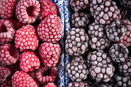 Preview: Frozen blackberry and raspberry fruits, close up
