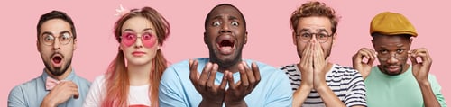 Preview: Dark skinned desprerate young male feels stressed, surprised pinup girl and bearded guy in spectacle
