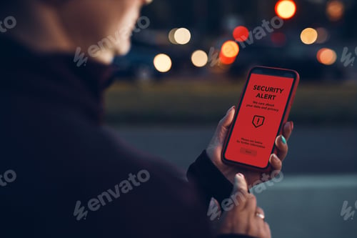 Preview: Security alert on smartphone screen. Antivirus warning. Private data protection system notification