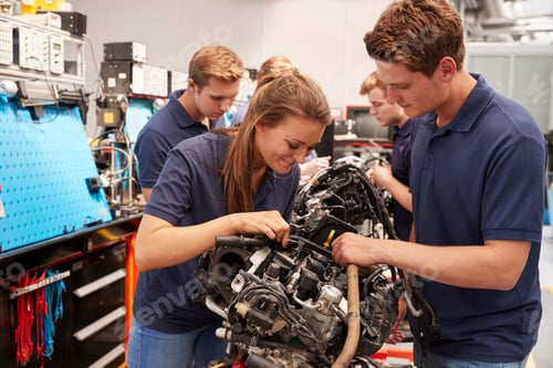 Preview: Apprentice car mechanics working on an engine