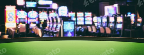 Preview: Casino slot machines, green felt roulette table closeup view. 3d illustration