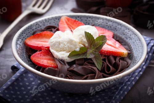 Vorschau: Chocolate pasta with ice cream and strawberry