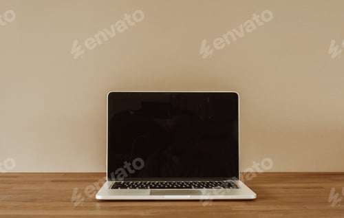 Preview: Computer on wooden desk. Copy space.
