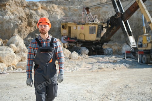 Preview: A worker in a helmet stands on the background of an excavator in a quarry