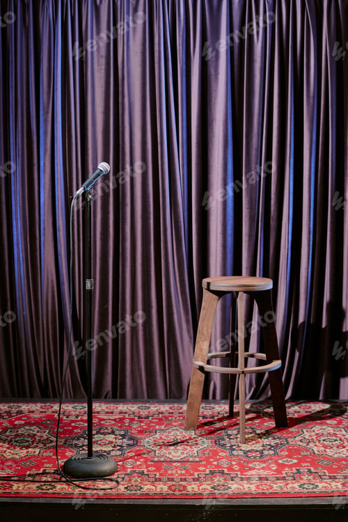 Preview: Empty Stage with Microphone and Wooden Stool Setup