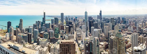 Preview: Chicago city skyscrapers panorama, blue sky background. Skydeck observation