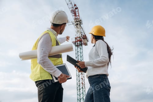Preview: Man and woman, construction site workers are against crane, communication