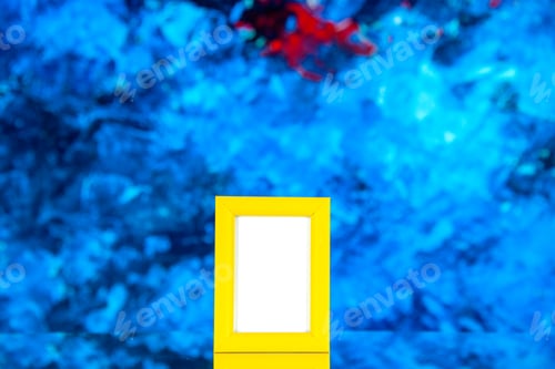 Preview: front view yellow picture frame on light blue background portrait photo color shoot presents family