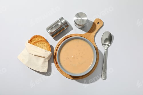 Preview: A bowl of cream of mushroom soup with croutons