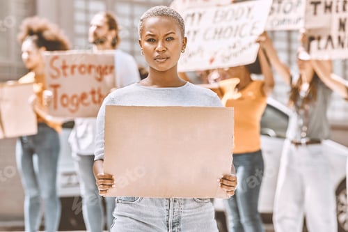 Preview: Protest, sign and mockup with a black woman activist holding cardboard during a rally or demonstrat
