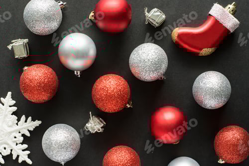 Preview: Christmas decoration flat lay on black background. New year concept.