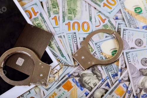 Preview: Hand cuffed and US dollars on the credit cards and tablet looks crime
