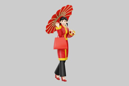 Preview: Chinese woman with umbrella and bag