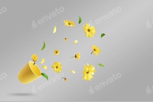 Preview: Yellow cup with flying yellow flowers on a gray background. The concept of spring.
