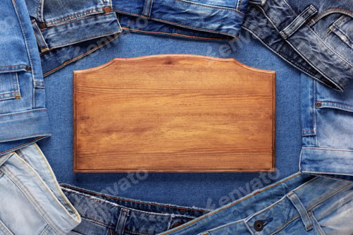 Preview: Blue jeans denim and sign wood name plate. Jeans with wooden nameplate background texture