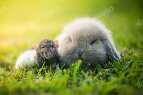 Preview: Closeup shot of an adorable fluffy bunny and a mouse on a lush green field