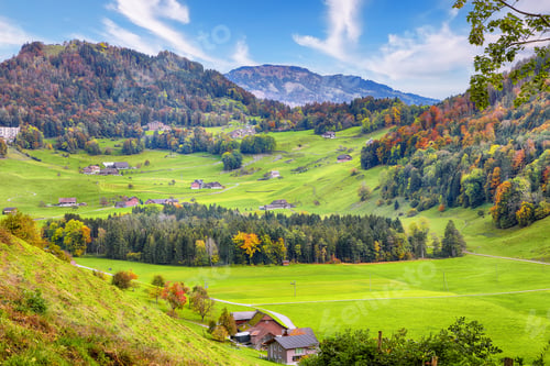 Preview: Astonishing autumn view on suburb of Hergiswil village with mountaines and fog.