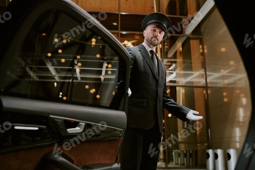 Preview: Middle Aged Man Wearing Uniform Opening Car Door for Client