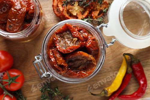 Preview: Concept of tasty food - sun-dried tomato, top view