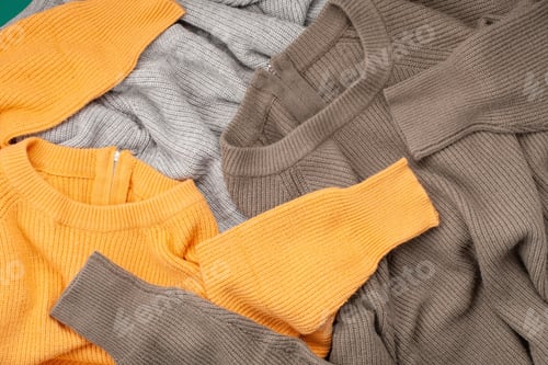 Preview: Flat lay with comfort warm outfit for cold weather. Comfortable autumn, winter clothes