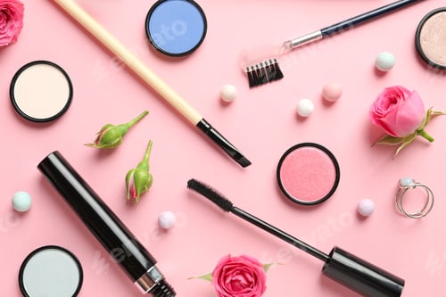 Preview: Flat lay composition with products for decorative makeup on pastel pink background