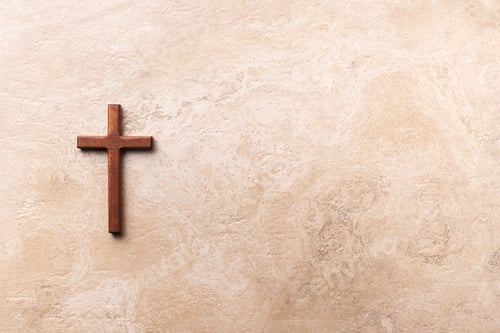 Preview: Wooden cross on marble background. Reminder of Jesus sacrifice and Christ resurrection. Easter