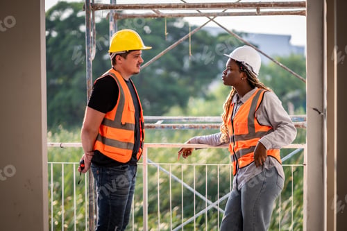 Preview: Engineer inspect building structure technicians looking at analyzing unfinished construction project