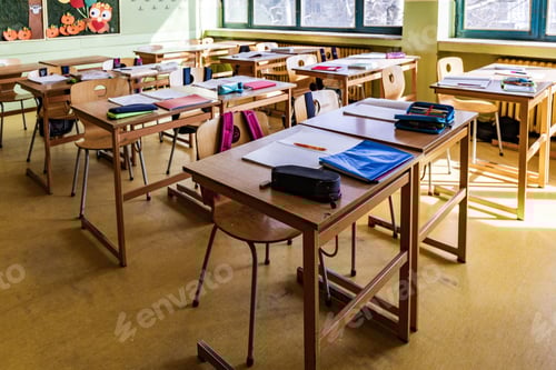Preview: Empty Classroom Desks Prepared For Students