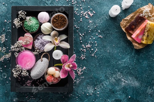 Preview: top view of spa accessories in box and candles with homemade soaps